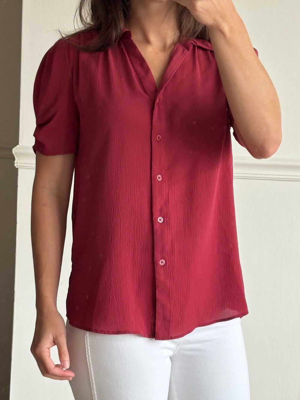 Adrianna Papell Red Button-Front Short Sleeve Blouse